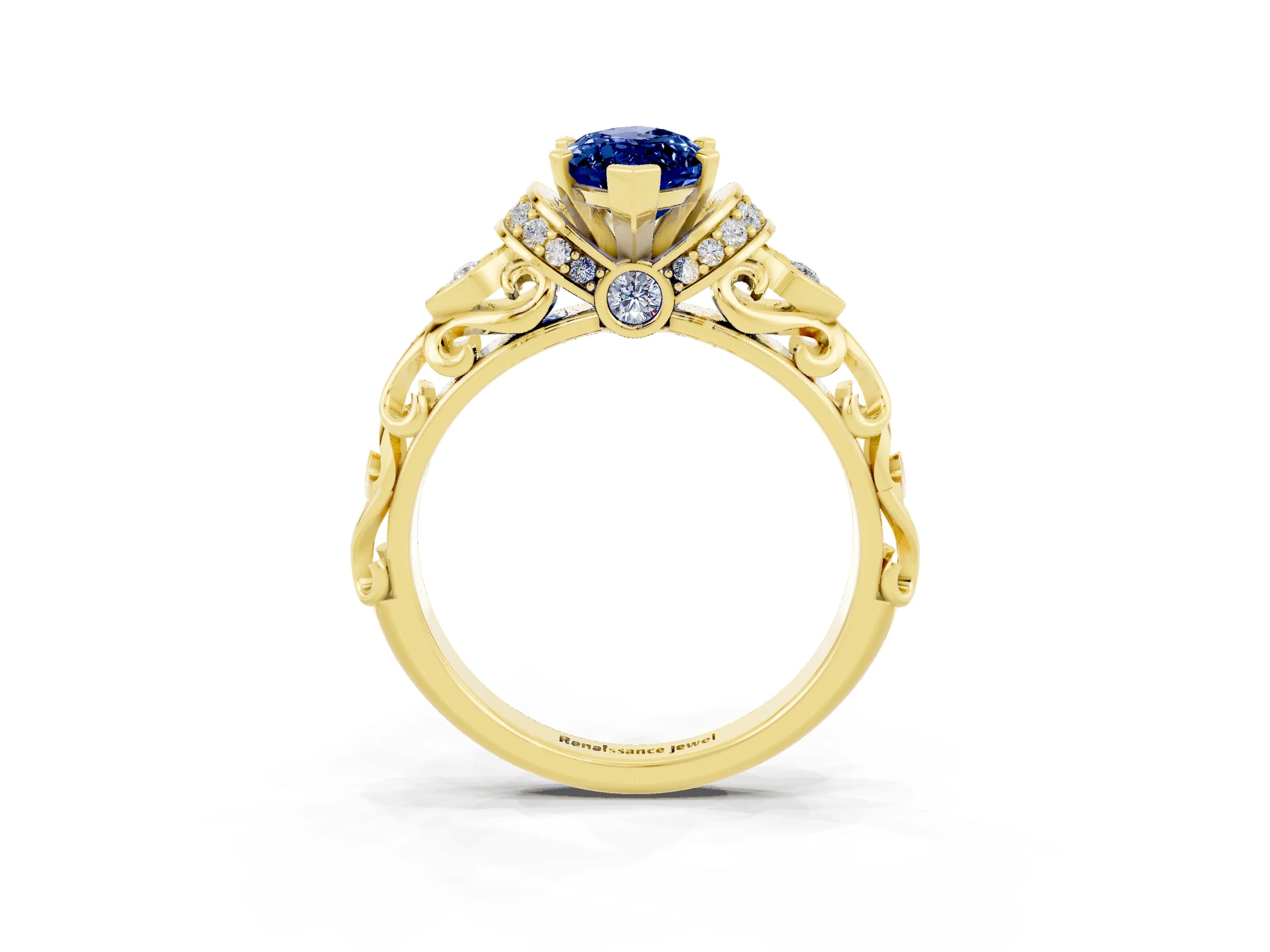 Yellow gold Marquise Cut Blue Sapphire Solitaire Ring with Filigree Band and Four-Prong Setting_27