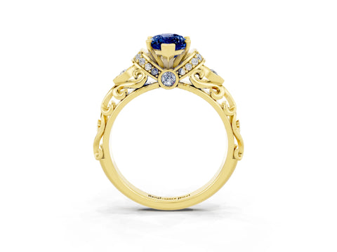 Yellow gold Marquise Cut Blue Sapphire Solitaire Ring with Filigree Band and Four-Prong Setting_27