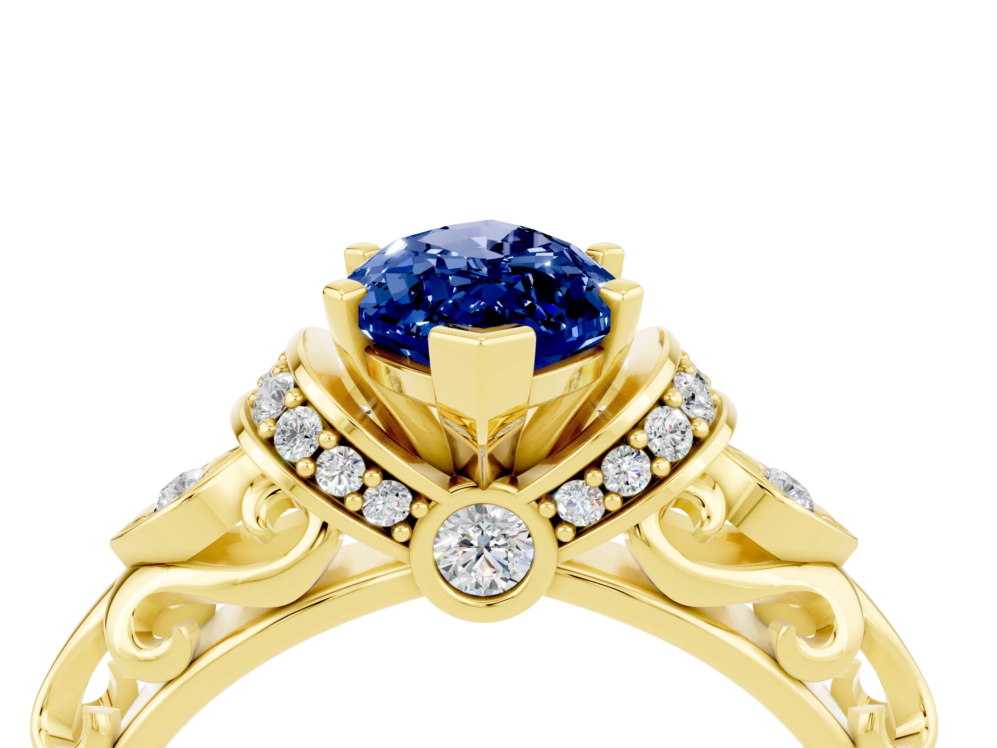 Yellow gold Marquise Cut Blue Sapphire Solitaire Ring with Filigree Band and Four-Prong Setting_28