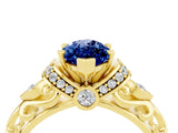 Yellow gold Marquise Cut Blue Sapphire Solitaire Ring with Filigree Band and Four-Prong Setting_28