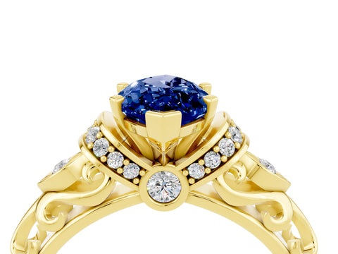 Yellow gold Marquise Cut Blue Sapphire Solitaire Ring with Filigree Band and Four-Prong Setting_28