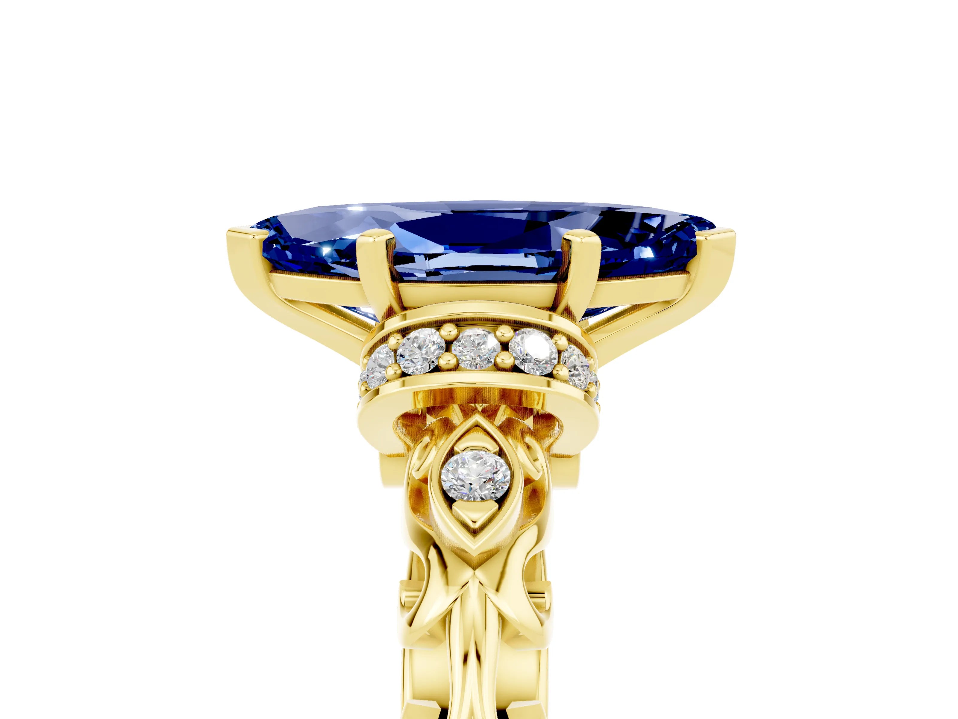 Yellow gold Marquise Cut Blue Sapphire Solitaire Ring with Filigree Band and Four-Prong Setting_29