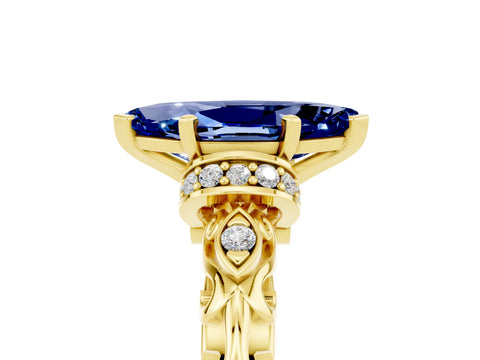 Yellow gold Marquise Cut Blue Sapphire Solitaire Ring with Filigree Band and Four-Prong Setting_29