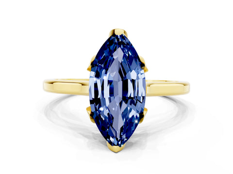 Yellow gold Marquise Cut Blue Sapphire Solitaire Ring with Flower Prong Setting and Classic Band_12