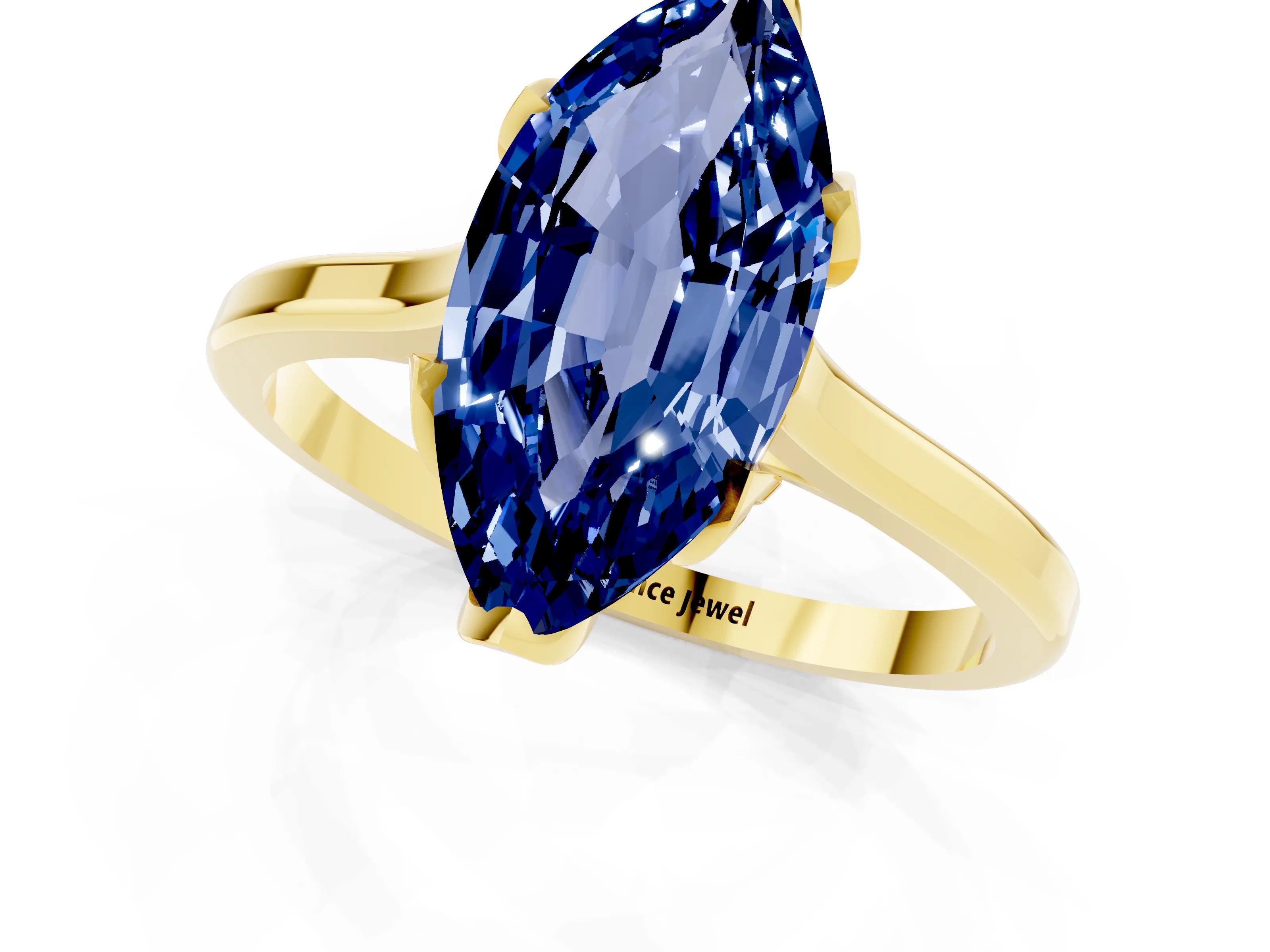 Yellow gold Marquise Cut Blue Sapphire Solitaire Ring with Flower Prong Setting and Classic Band_13