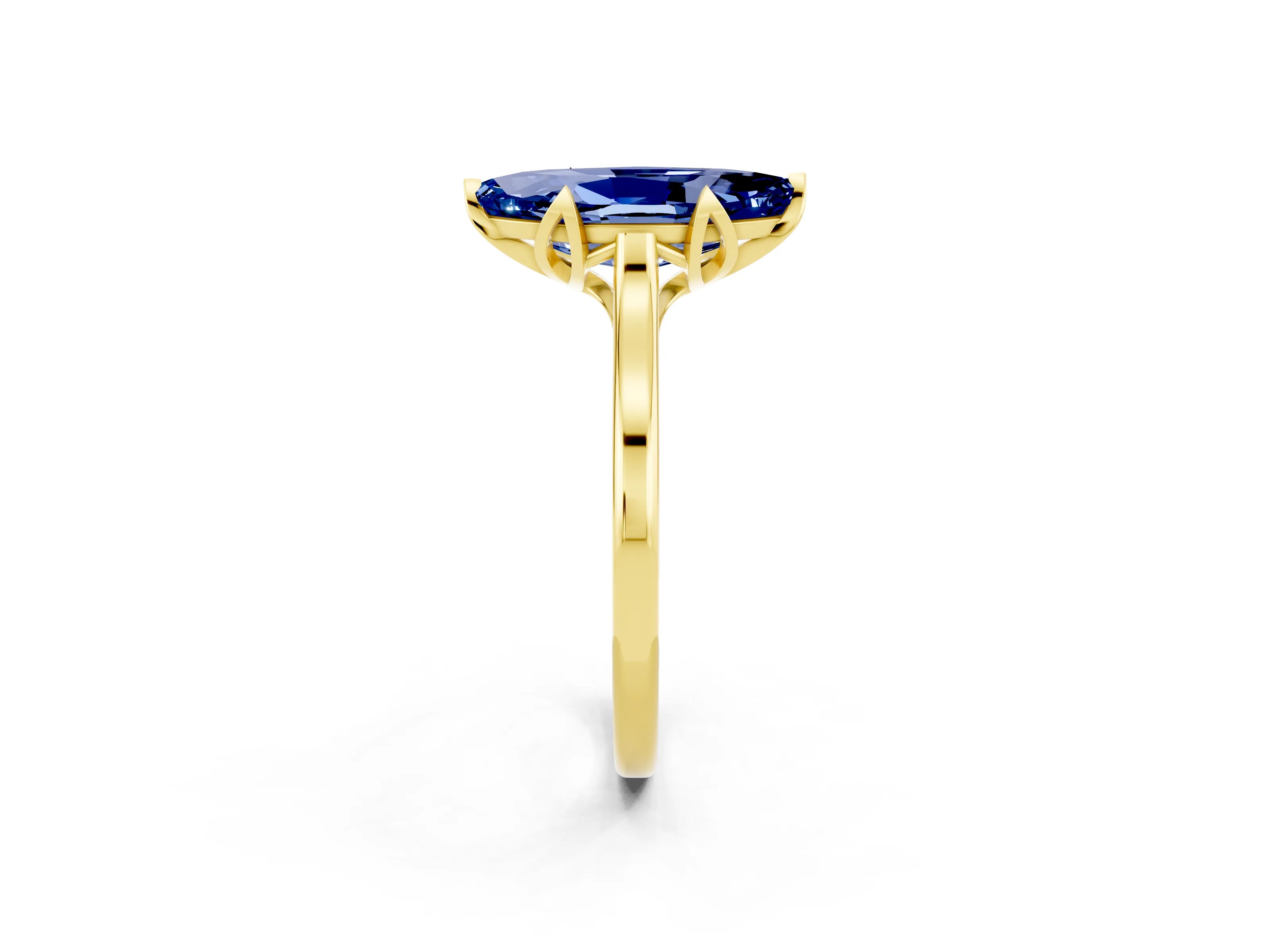 Yellow gold Marquise Cut Blue Sapphire Solitaire Ring with Flower Prong Setting and Classic Band_14