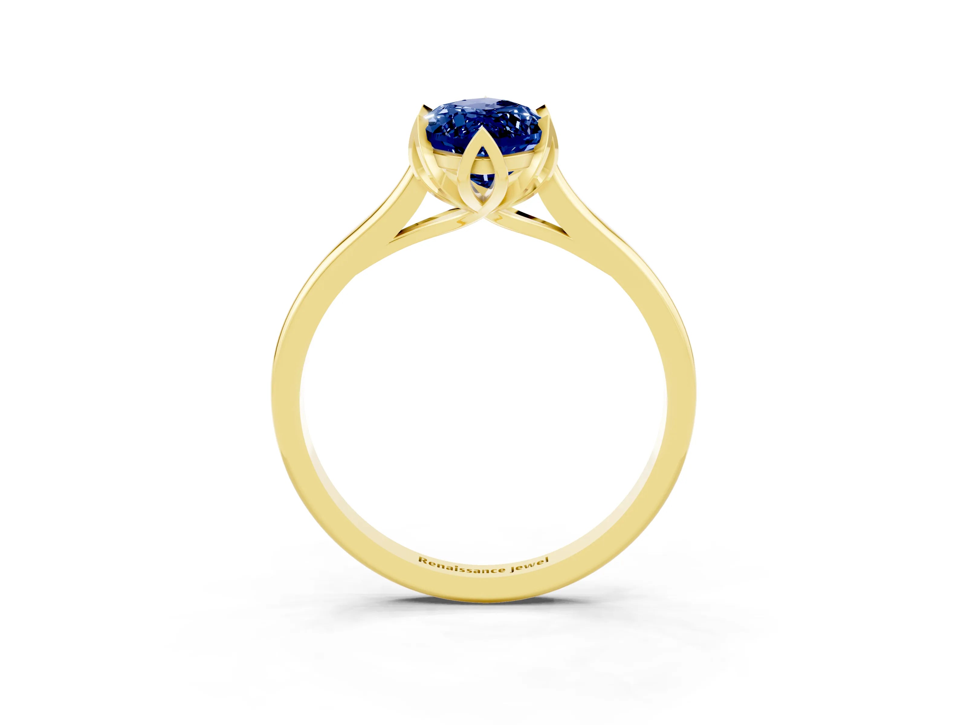 Yellow gold Marquise Cut Blue Sapphire Solitaire Ring with Flower Prong Setting and Classic Band_15