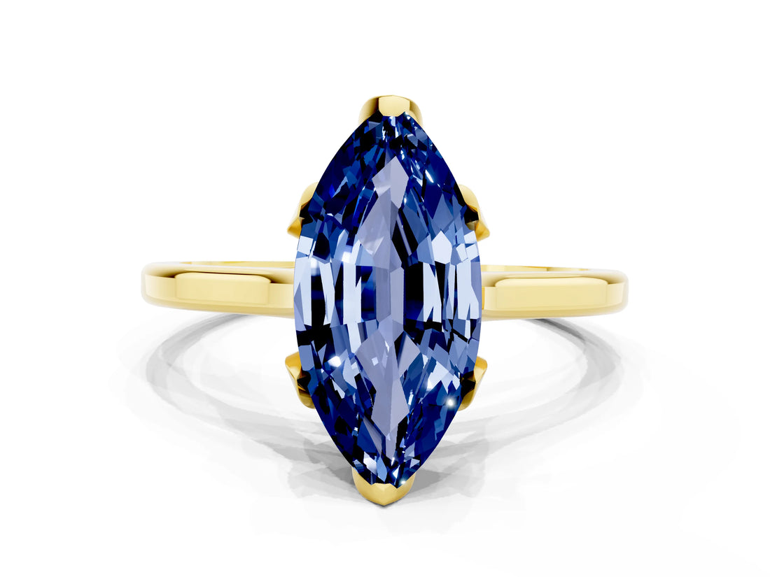 Yellow gold Marquise Cut Blue Sapphire Solitaire Ring with Flower Prong Setting and Classic Band_36