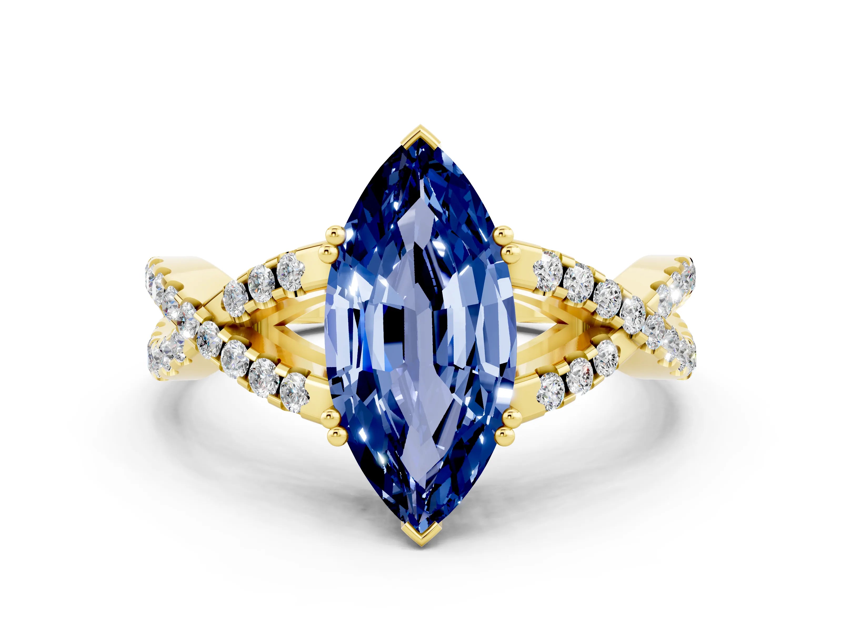 Yellow gold Marquise Cut Blue Sapphire Solitaire Ring with Four-Prong Setting and Twisted Pavé Band