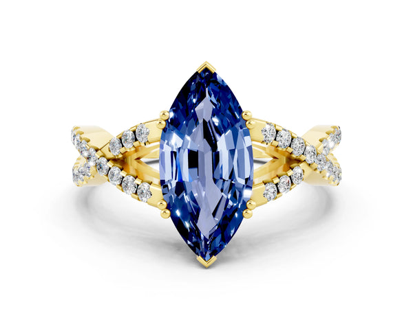 Yellow gold Marquise Cut Blue Sapphire Solitaire Ring with Four-Prong Setting and Twisted Pavé Band
