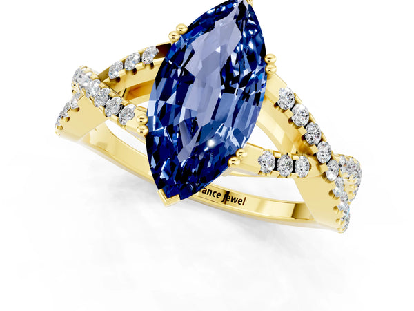 Yellow gold Marquise Cut Blue Sapphire Solitaire Ring with Four-Prong Setting and Twisted Pavé Band