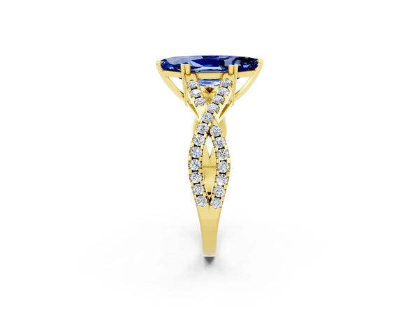 Yellow gold Marquise Cut Blue Sapphire Solitaire Ring with Four-Prong Setting and Twisted Pavé Band