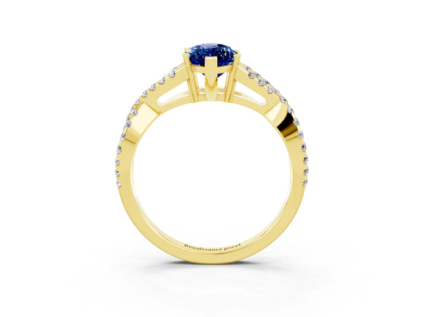 Yellow gold Marquise Cut Blue Sapphire Solitaire Ring with Four-Prong Setting and Twisted Pavé Band