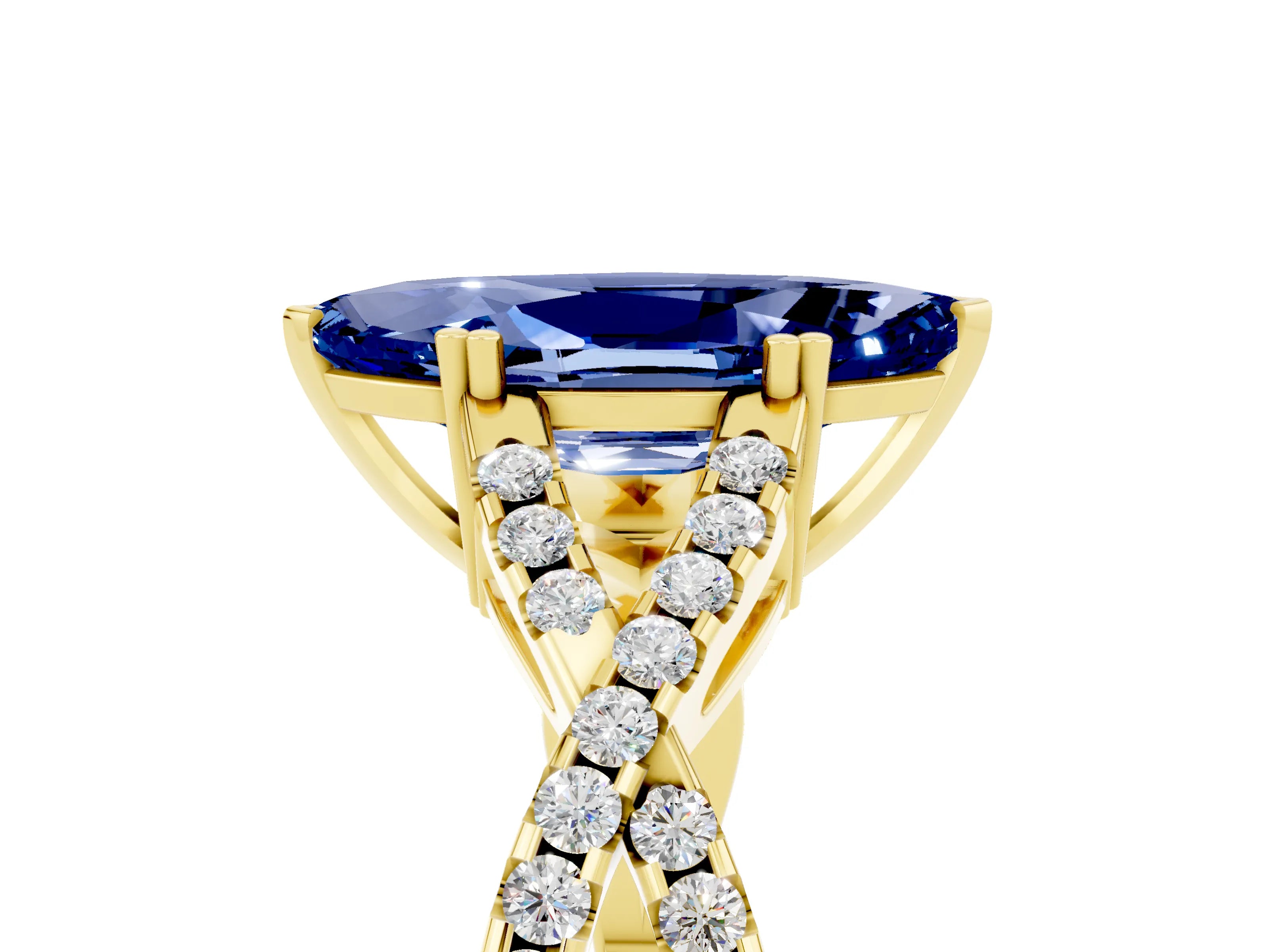Yellow gold Marquise Cut Blue Sapphire Solitaire Ring with Four-Prong Setting and Twisted Pavé Band_5