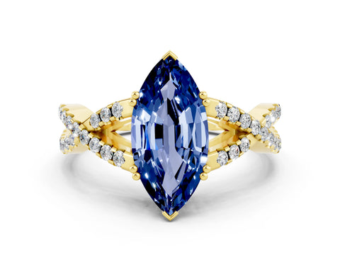 Yellow gold Marquise Cut Blue Sapphire Solitaire Ring with Four-Prong Setting and Twisted Pavé Band