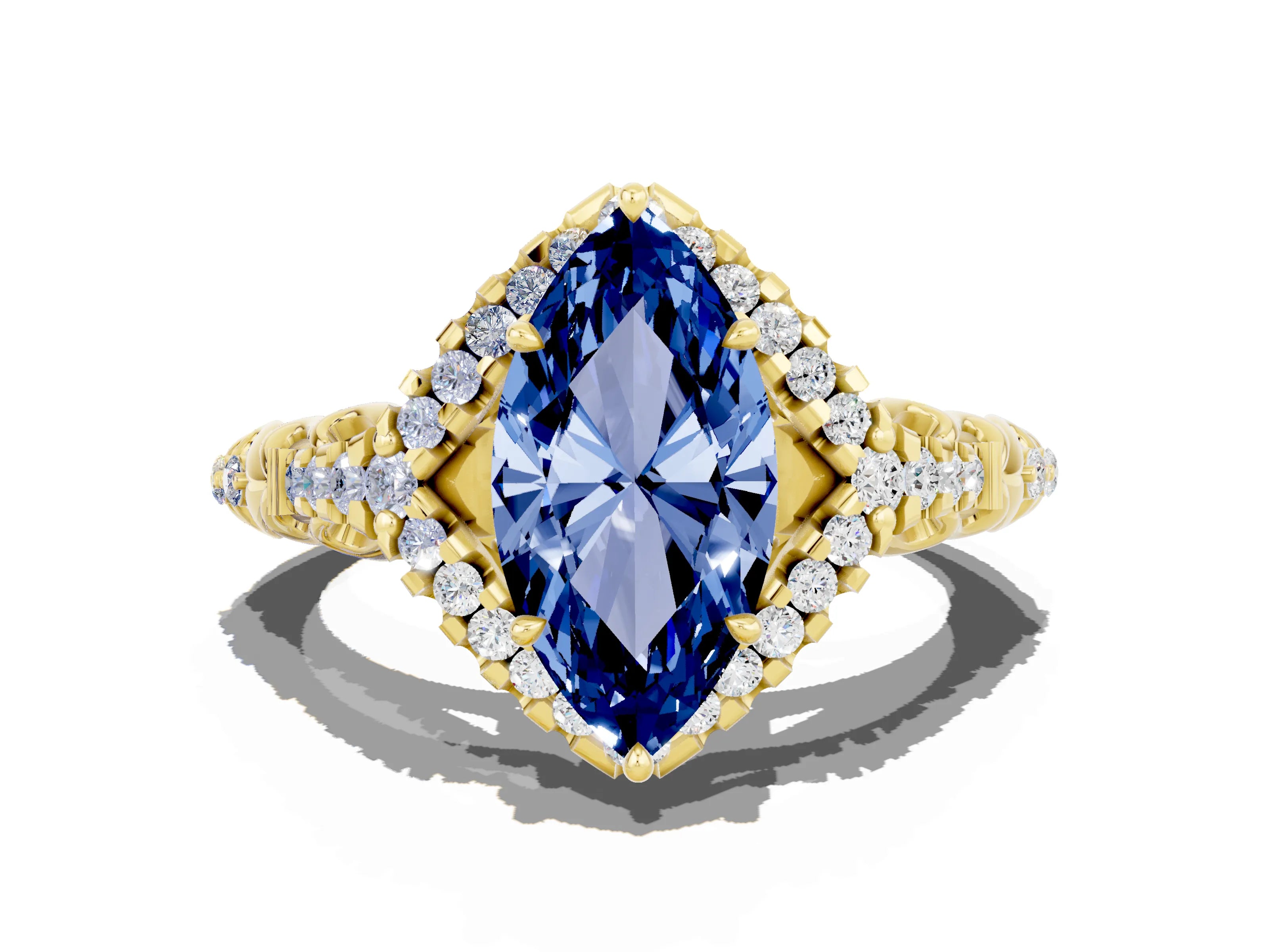 Yellow gold Marquise Cut Blue Sapphire Solitaire Ring with Hidden Halo and Pavé Band_24
