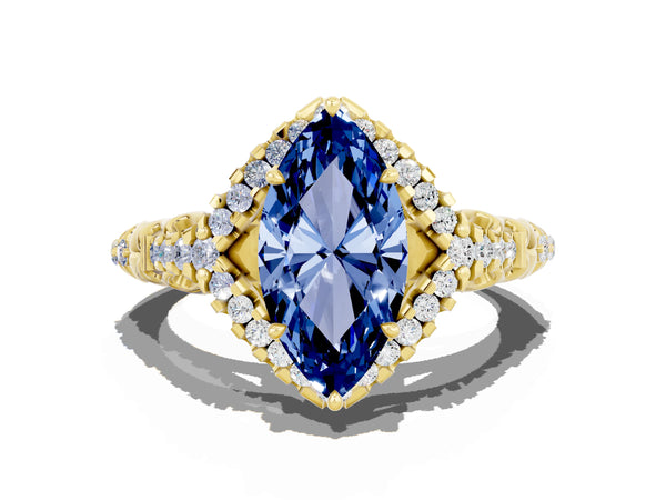 Yellow gold Marquise Cut Blue Sapphire Solitaire Ring with Hidden Halo and Pavé Band