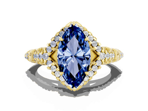 Yellow gold Marquise Cut Blue Sapphire Solitaire Ring with Hidden Halo and Pavé Band_24