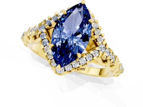 Yellow gold Marquise Cut Blue Sapphire Solitaire Ring with Hidden Halo and Pavé Band_25