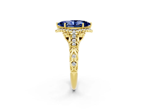 Yellow gold Marquise Cut Blue Sapphire Solitaire Ring with Hidden Halo and Pavé Band_26