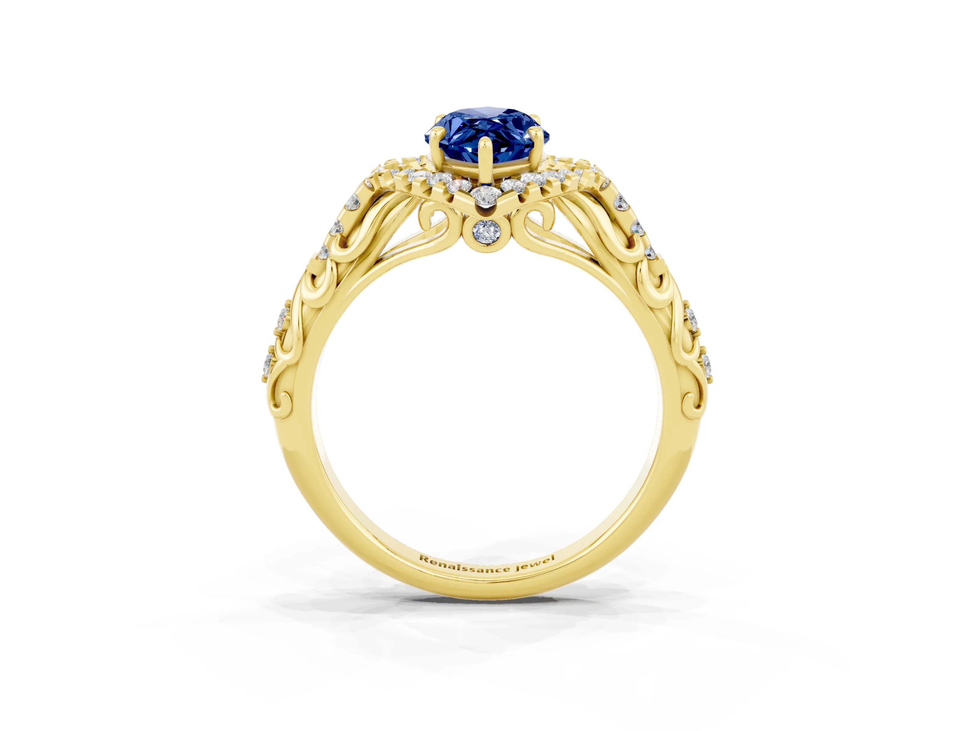 Yellow gold Marquise Cut Blue Sapphire Solitaire Ring with Hidden Halo and Pavé Band_27
