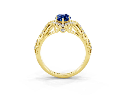 Yellow gold Marquise Cut Blue Sapphire Solitaire Ring with Hidden Halo and Pavé Band_27