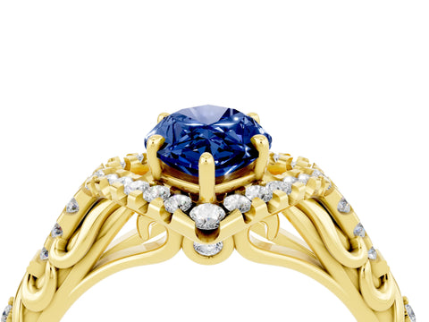 Yellow gold Marquise Cut Blue Sapphire Solitaire Ring with Hidden Halo and Pavé Band_28