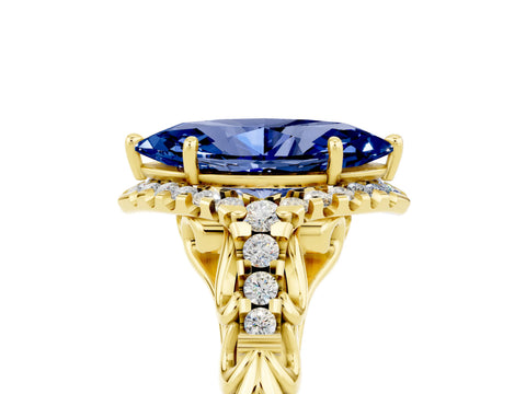 Yellow gold Marquise Cut Blue Sapphire Solitaire Ring with Hidden Halo and Pavé Band_29
