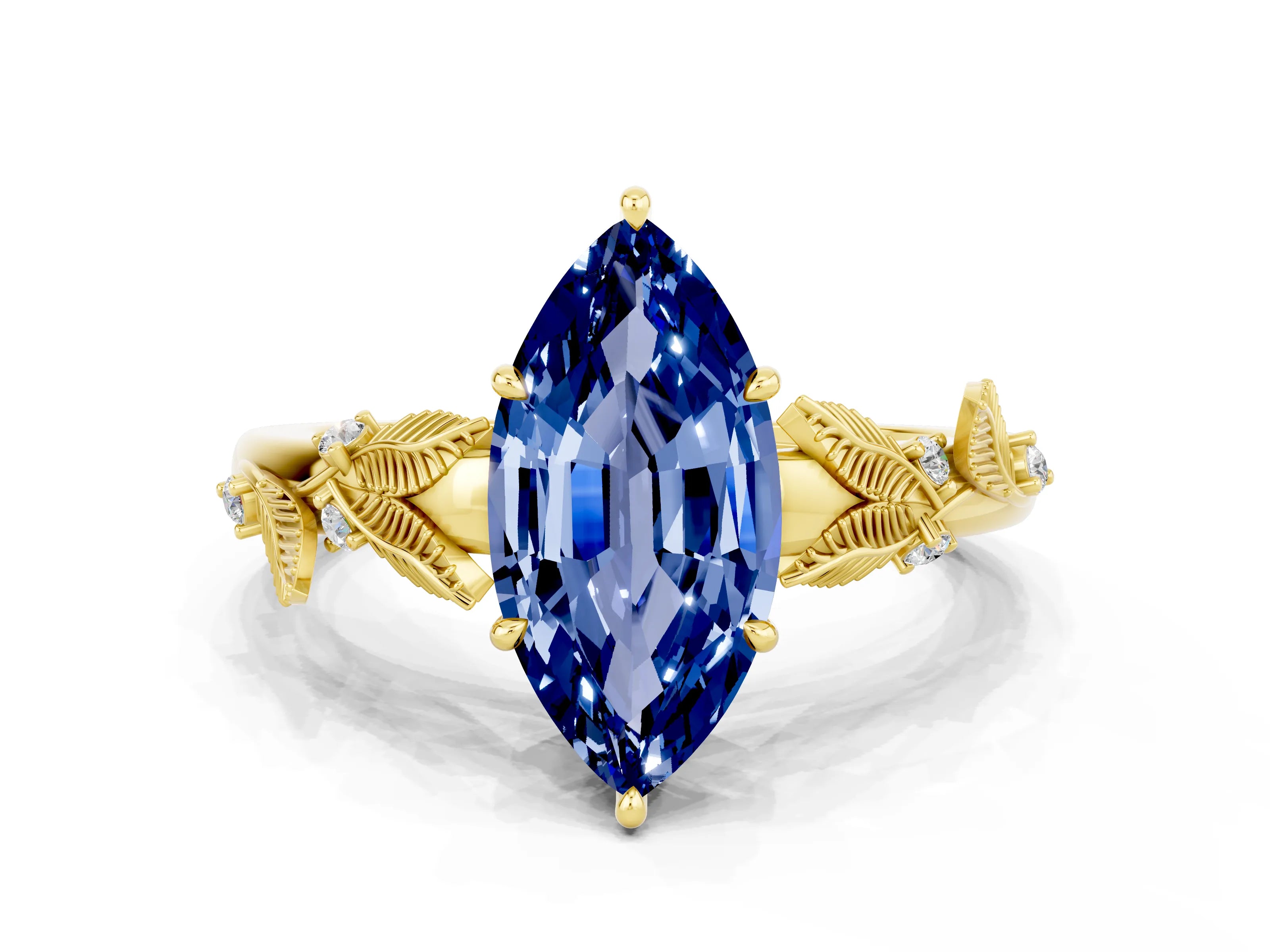 Yellow gold Marquise Cut Blue Sapphire Solitaire Ring with Leaf Motif Band and Four-Prong Setting