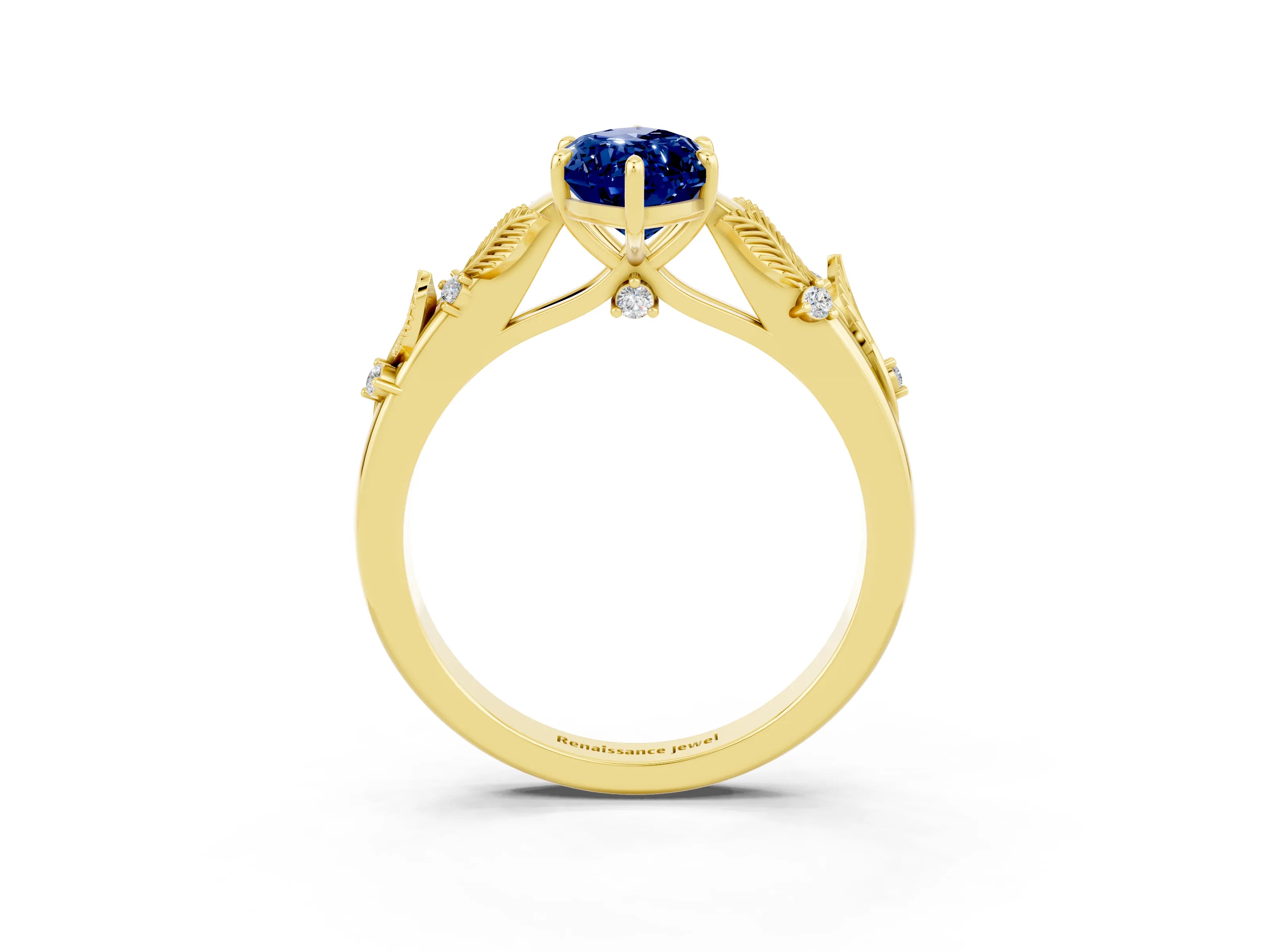 Yellow gold Marquise Cut Blue Sapphire Solitaire Ring with Leaf Motif Band and Four-Prong Setting_3