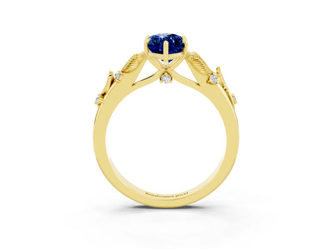 Yellow gold Marquise Cut Blue Sapphire Solitaire Ring with Leaf Motif Band and Four-Prong Setting_3