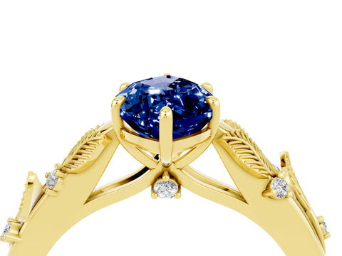 Yellow gold Marquise Cut Blue Sapphire Solitaire Ring with Leaf Motif Band and Four-Prong Setting_4