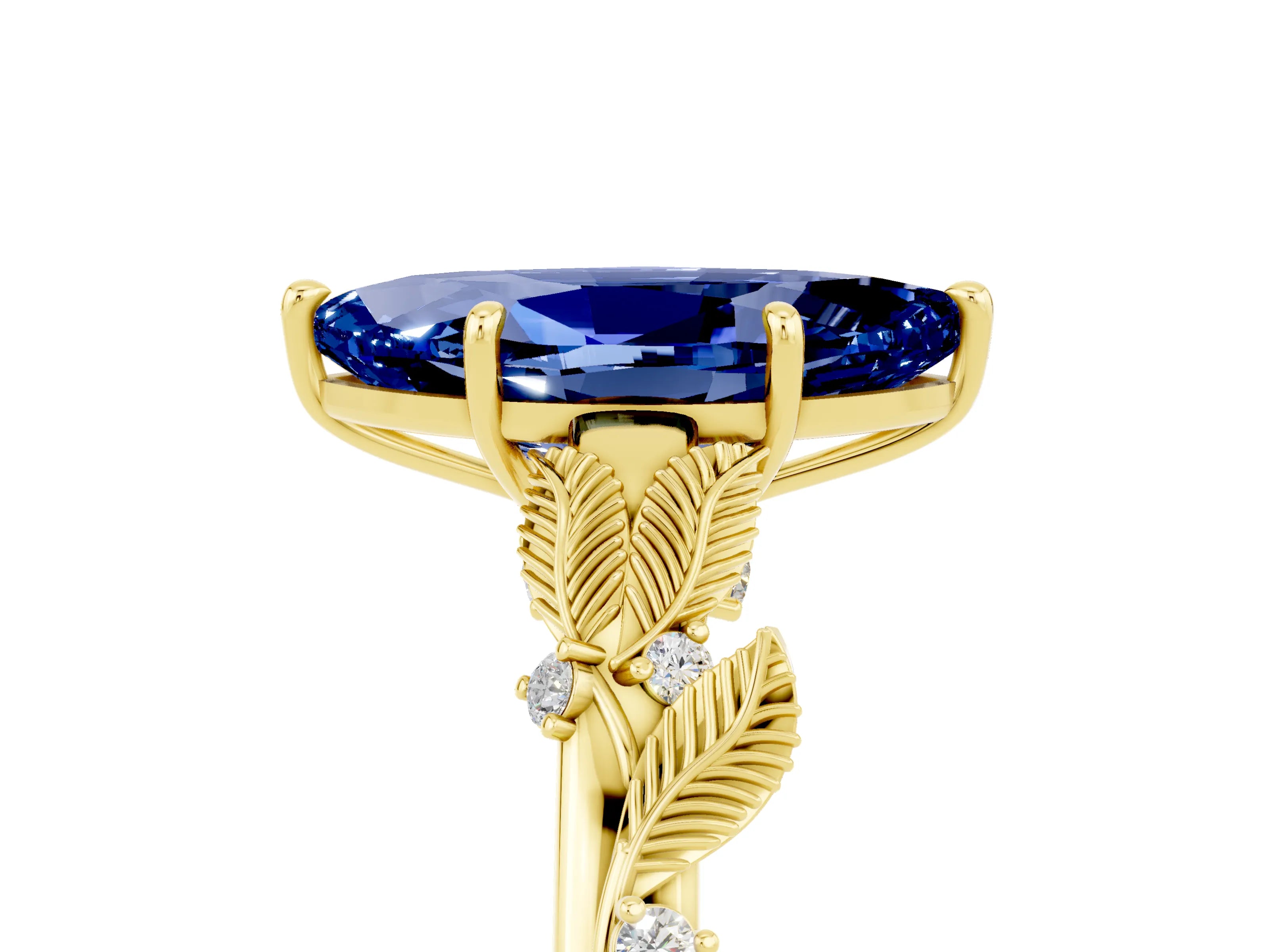 Yellow gold Marquise Cut Blue Sapphire Solitaire Ring with Leaf Motif Band and Four-Prong Setting_5