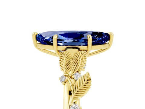 Yellow gold Marquise Cut Blue Sapphire Solitaire Ring with Leaf Motif Band and Four-Prong Setting_5