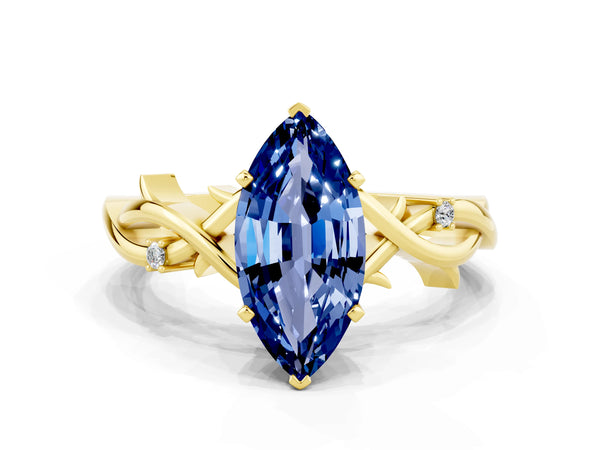 Yellow gold Marquise Cut Blue Sapphire Solitaire Ring with Milgrain Pavé Band and Four-Prong Setting
