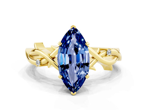 Yellow gold Marquise Cut Blue Sapphire Solitaire Ring with Milgrain Pavé Band and Four-Prong Setting_12