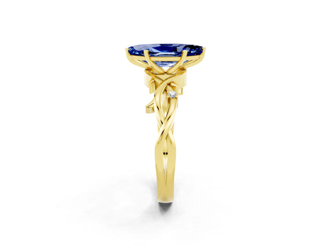 Yellow gold Marquise Cut Blue Sapphire Solitaire Ring with Milgrain Pavé Band and Four-Prong Setting_14