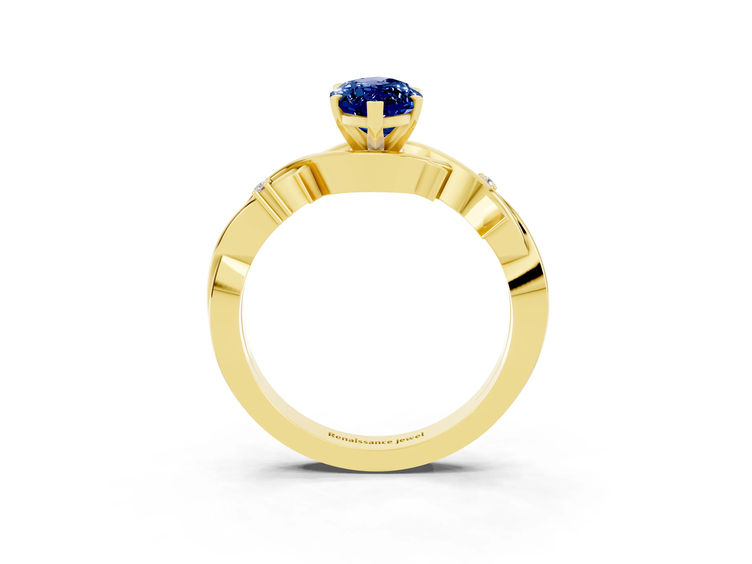 Yellow gold Marquise Cut Blue Sapphire Solitaire Ring with Milgrain Pavé Band and Four-Prong Setting_15