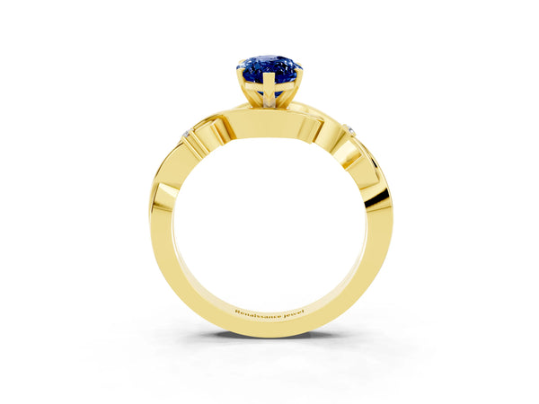 Yellow gold Marquise Cut Blue Sapphire Solitaire Ring with Milgrain Pavé Band and Four-Prong Setting