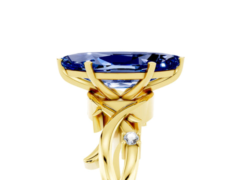 Yellow gold Marquise Cut Blue Sapphire Solitaire Ring with Milgrain Pavé Band and Four-Prong Setting_17