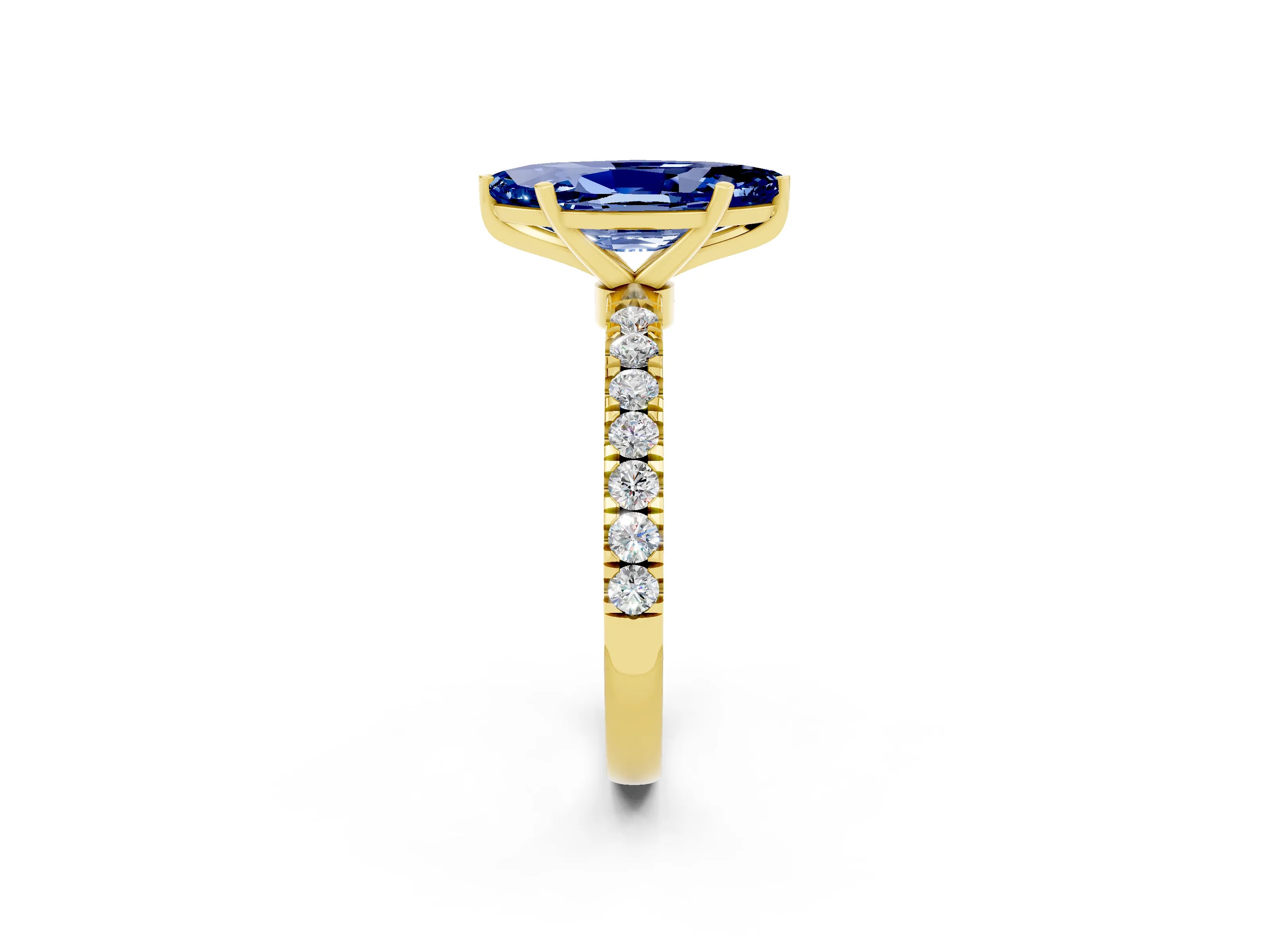 Yellow gold Marquise Cut Blue Sapphire Solitaire Ring with Pavé Accents and Four-Prong Setting_2
