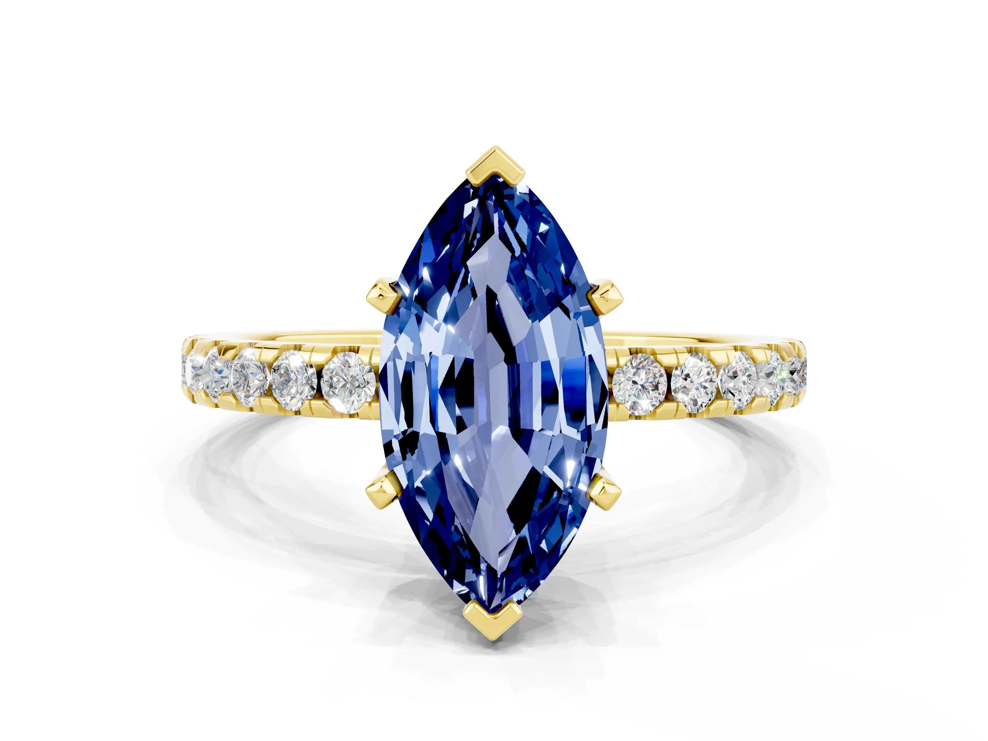Yellow gold Marquise Cut Blue Sapphire Solitaire Ring with Pavé Band and Four-Prong Setting_24