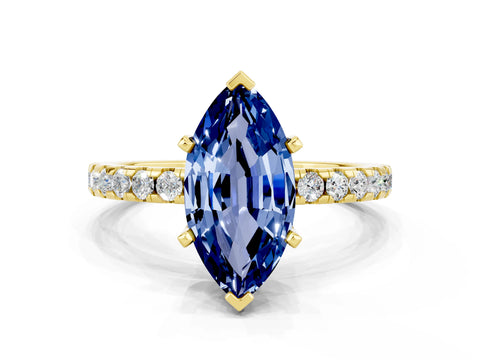 Yellow gold Marquise Cut Blue Sapphire Solitaire Ring with Pavé Band and Four-Prong Setting_24
