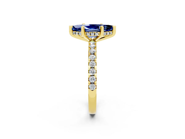 Yellow gold Marquise Cut Blue Sapphire Solitaire Ring with Round  Pavé Band and Four-Prong Setting