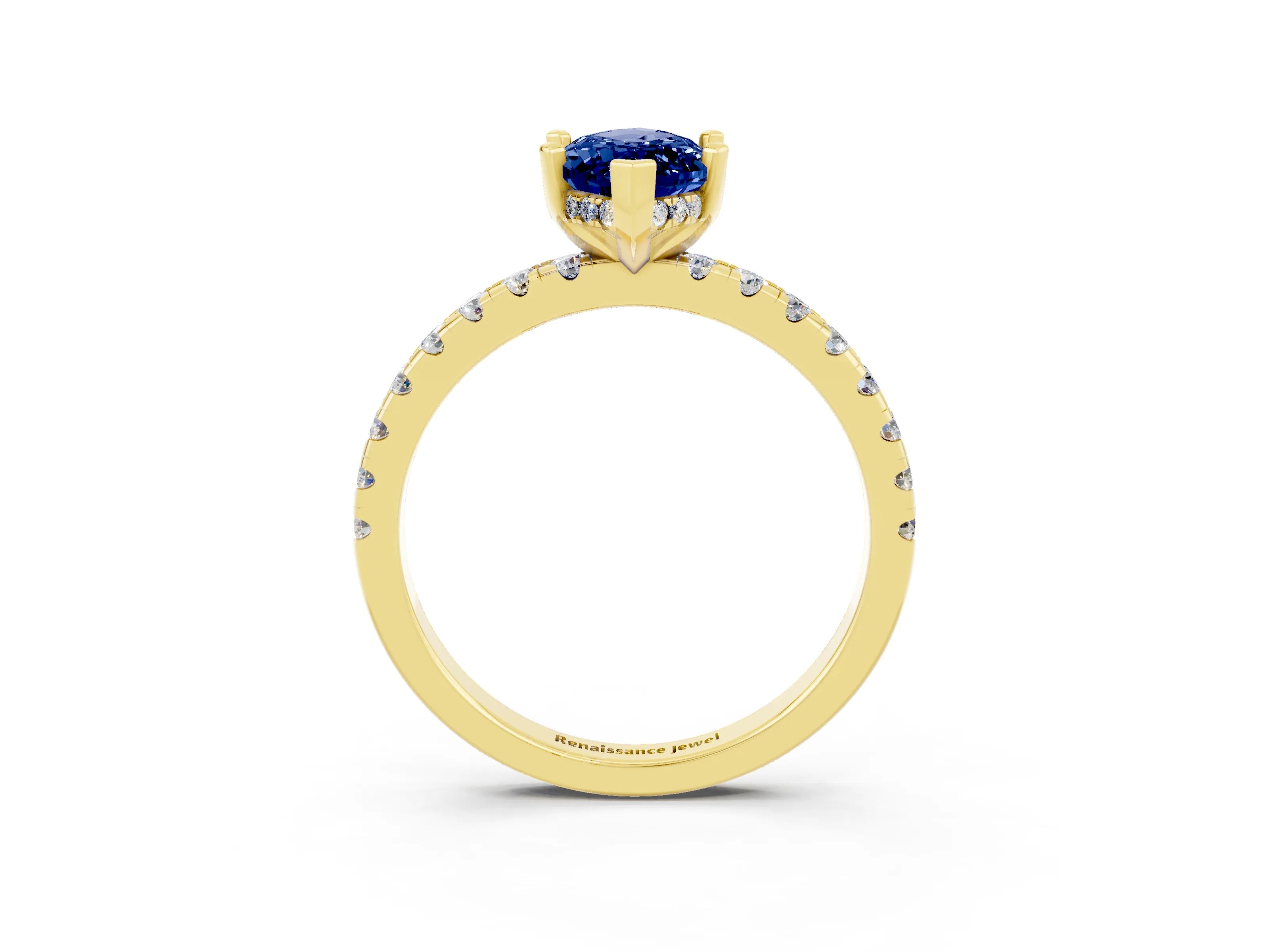 Yellow gold Marquise Cut Blue Sapphire Solitaire Ring with Pavé Band and Four-Prong Setting_27