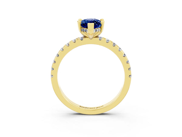 Yellow gold Marquise Cut Blue Sapphire Solitaire Ring with Round  Pavé Band and Four-Prong Setting