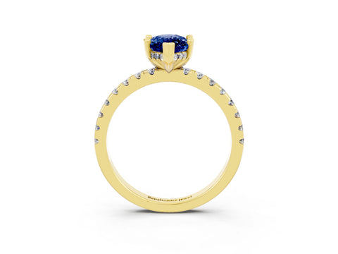 Yellow gold Marquise Cut Blue Sapphire Solitaire Ring with Pavé Band and Four-Prong Setting_27
