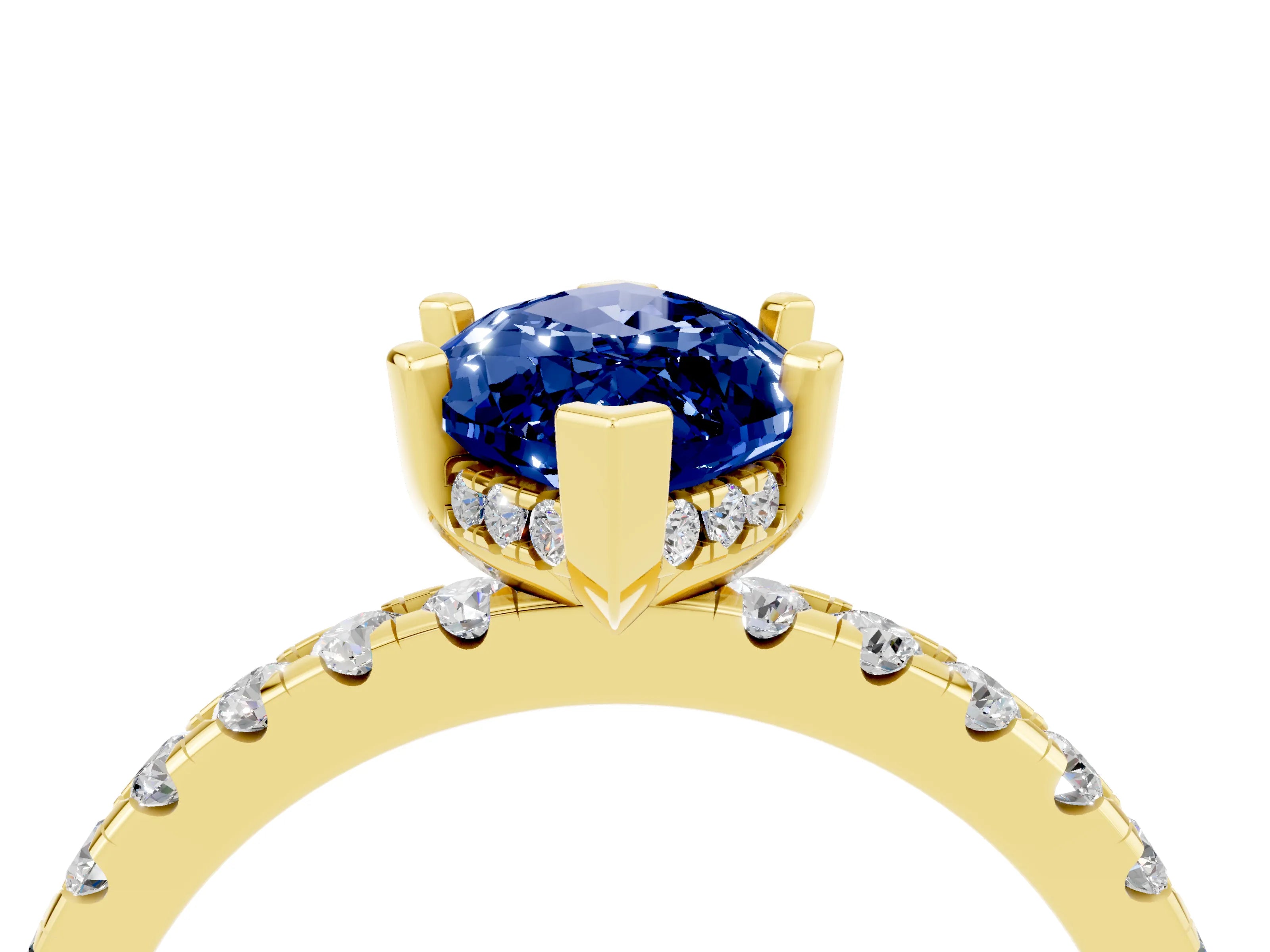 Yellow gold Marquise Cut Blue Sapphire Solitaire Ring with Pavé Band and Four-Prong Setting_28
