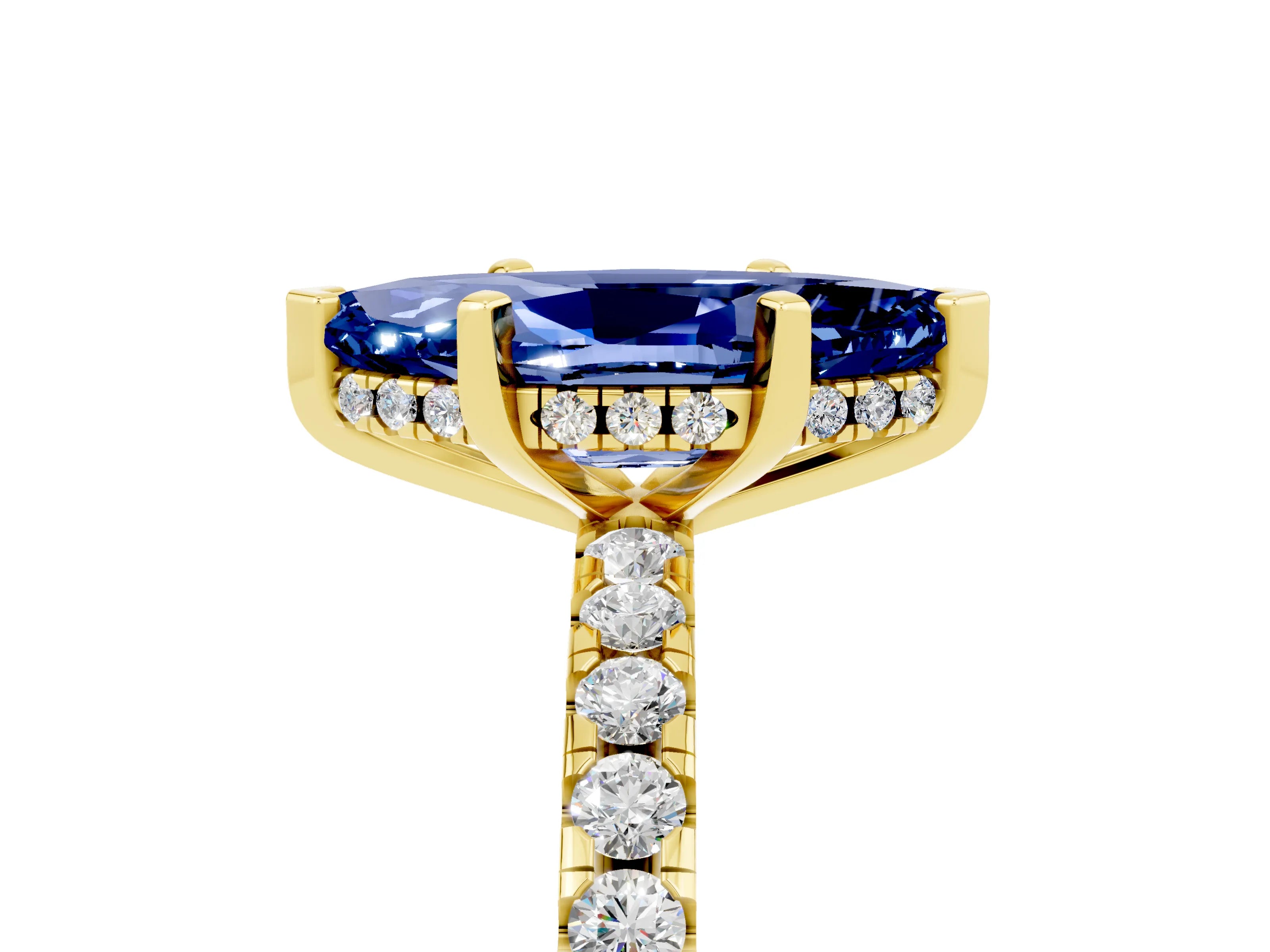 Yellow gold Marquise Cut Blue Sapphire Solitaire Ring with Pavé Band and Four-Prong Setting_29