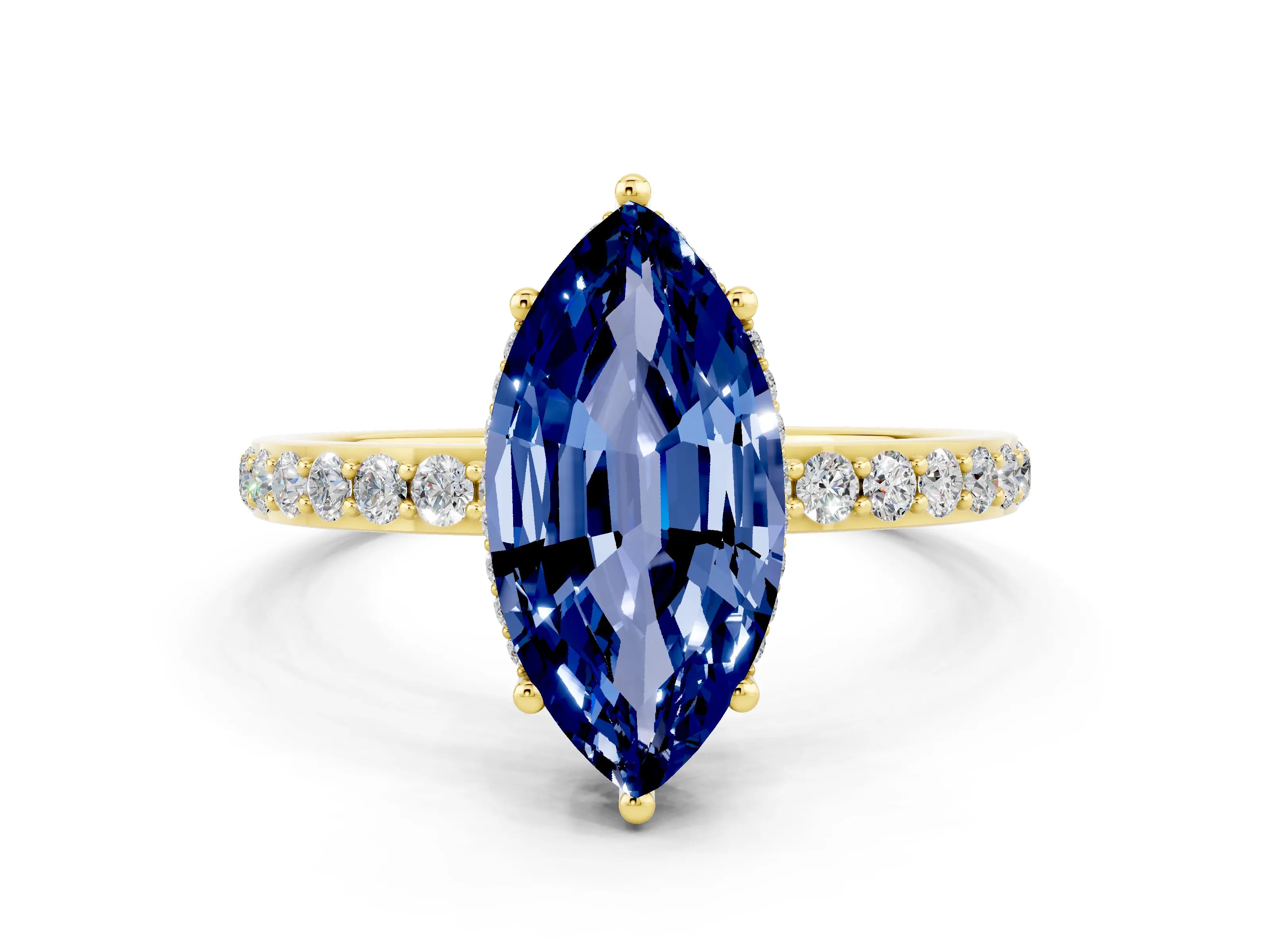 Yellow gold Marquise Cut Blue Sapphire Solitaire Ring with Pavé Band and Hidden Halo_12